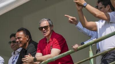 Jammu and Kashmir chief minister Omar Abdullah on Day 5 of the Ranji Trophy 2025-26 final cricket match between Karnataka and J&K in Hubballi, Dharwad district, on Saturday. (PTI Photo)