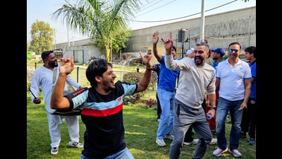 People celebrating at the Jammu and Kashmir Cricket Association office after J&K team's first-ever Ranji Trophy win, in Jammu on Saturday. (ANI) People celebrating at the Jammu and Kashmir Cricket Association office after J&K team's first-ever Ranji Trophy win, in Jammu on Saturday. (ANI)