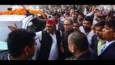 SP president Akhilesh Yadav in Prayagraj on Saturday. (HT Photo) SP president Akhilesh Yadav in Prayagraj on Saturday. (HT Photo)