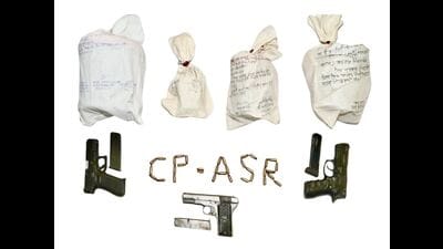 The recovered weapons include one 9MM Glock pistol, one 9MM Zigana pistol and one .32-bore pistol, along with 34 live cartridges. Police teams also impounded one motorcycle. (HT) The recovered weapons include one 9MM Glock pistol, one 9MM Zigana pistol and one .32-bore pistol, along with 34 live cartridges. Police teams also impounded one motorcycle. (HT)