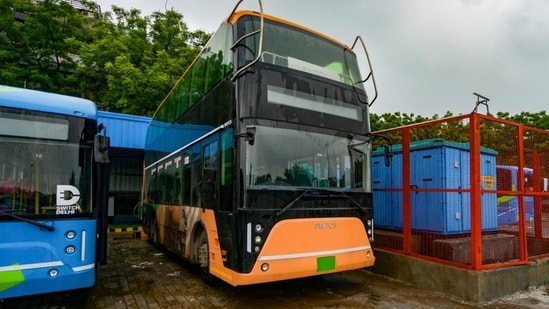 A newly introduced double-decker DTC bus stationed at Okhla Bus Depot in New Delhi on Friday. (RAJ K RAJ /HT PHOTO)