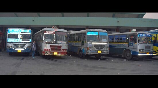 A view of Punjab Roadways and PRTC buses parked at the Bus stand in Ludhiana, February 28, 2026. (HT Photo)