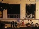 Firemen and rescue workers inspect the site of an explosion at the Fairmont The Palm Hotel in Dubai, United Arab Emirates, Saturday, Feb. 28, 2026. Firemen and rescue workers inspect the site of an explosion at the Fairmont The Palm Hotel in Dubai, United Arab Emirates, Saturday, Feb. 28, 2026.
