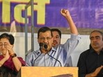 Arvind Kejriwal addresses a rally at Jantar Mantar on Sunday. (Sanjeev Verma/HT Photo)
