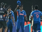 Suryakumar Yadav greets Sanju Samson after their team's win vs West Indies. Suryakumar Yadav greets Sanju Samson after their team's win vs West Indies.