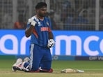 Sanju Samson of India celebrates the win against the West Indies.