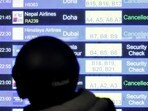 Information on flights are displayed on a screen at Tribhuvan International Airport after all evening flights to Sharjah, Doha, Dubai, Kuwait City, Abu Dhabi, and Dammam were cancelled, following strikes on Iran launched by the United States and Israel, in Kathmandu, Nepal, February 28, 2026. REUTERS/Navesh Chitrakar
