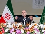 Iranian President Masoud Pezeshkian speaks during the 47th anniversary of the Islamic Revolution in Tehran, Iran, February 11, 2026. 