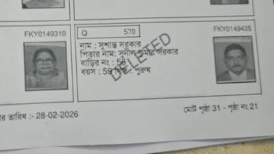 নৈহাটি পুরসভার ৪ নং ওয়ার্ডের কাউন্সিলর সুশান্ত সরকার ও তাঁর মা আরতি সরকারের নামের ওপর 'ডিলিটেড' লেখা এসআইআর চূড়ান্ত তালিকায়। নৈহাটি পুরসভার ৪ নং ওয়ার্ডের কাউন্সিলর সুশান্ত সরকার ও তাঁর মা আরতি সরকারের নামের ওপর 'ডিলিটেড' লেখা এসআইআর চূড়ান্ত তালিকায়।