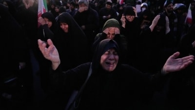 Government supporters mourn in a gathering after state TV officially announced the death of Iranian Supreme Leader Ayatollah Ali Khamenei, in Tehran, Iran, Sunday, March 1, 2026. AP/PTI(AP03_01_2026_000079A) (AP) Government supporters mourn in a gathering after state TV officially announced the death of Iranian Supreme Leader Ayatollah Ali Khamenei, in Tehran, Iran, Sunday, March 1, 2026. AP/PTI(AP03_01_2026_000079A) (AP)