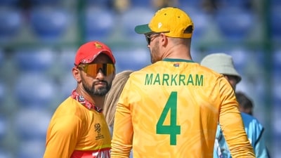 Sikandar Raza won the toss over Aiden Markram and opted to bat. Both teams had three changes each, with South Africa rotating ahead of the semifinal and giving the bowling core some rest. (Hindustan Times) Sikandar Raza won the toss over Aiden Markram and opted to bat. Both teams had three changes each, with South Africa rotating ahead of the semifinal and giving the bowling core some rest. (Hindustan Times)