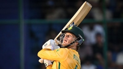 After the two early wickets, South Africa looked in a spot of bother with the scoring rate staying low. Ryan Rickelton injected some much needed momentum – in a brisk innings, he hammered four sixes to give the Proteas the advantage again. (Hindustan Times) After the two early wickets, South Africa looked in a spot of bother with the scoring rate staying low. Ryan Rickelton injected some much needed momentum – in a brisk innings, he hammered four sixes to give the Proteas the advantage again. (Hindustan Times)