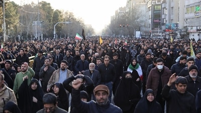 People rally after Iran's Supreme Leader Ayatollah Ali Khamenei was killed in Israeli and U.S. strikes on Saturday, in Tehran, Iran, March 1, 2026. (via REUTERS)