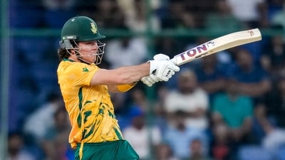 Dewald Brevis kept the momentum generated by Rickelton going, showing his range and strength as he too hammered four sixes. He scored a quick 42 off just 18 deliveries, and David Miller's boundaries ensured that the target was well within range by the time they fell. (PTI) Dewald Brevis kept the momentum generated by Rickelton going, showing his range and strength as he too hammered four sixes. He scored a quick 42 off just 18 deliveries, and David Miller's boundaries ensured that the target was well within range by the time they fell. (PTI)