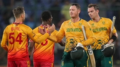 In a match with minimal bearing on the World Cup but with narratives heading into the semifinals, South Africa kept things neat and tidy as they chased down 154 with 5 wickets and time to spare. They remain unbeaten and in form, while ZImbabwe prepare to fly home a tad disappointed. (PTI) In a match with minimal bearing on the World Cup but with narratives heading into the semifinals, South Africa kept things neat and tidy as they chased down 154 with 5 wickets and time to spare. They remain unbeaten and in form, while ZImbabwe prepare to fly home a tad disappointed. (PTI)
