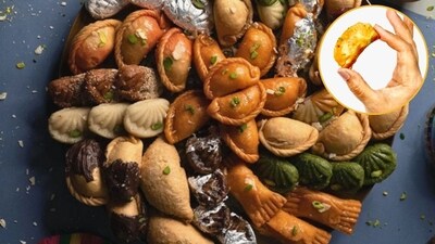 The variety of gujiyas available at Ram Asrey Sweets and Bite-size baked gujiya at Danbro by Mr Brown in Lucknow.