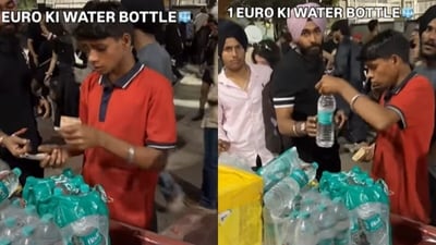 A man filmed a vendor charging ₹100 for water outside Karan Aujla’s Delhi concert. (Instagram/thinkaboutjpc) A man filmed a vendor charging ₹100 for water outside Karan Aujla’s Delhi concert. (Instagram/thinkaboutjpc)