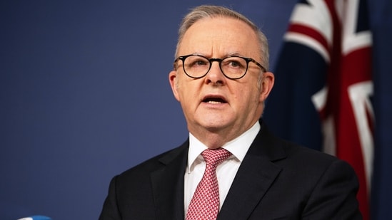 Australian Prime Minister Anthony Albanese addresses the media in Sydney, Sunday, March 1, 2026. (Sarah Wilson/AAP Image via AP)