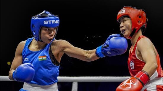 File image of Nikhat Zareen (in blue). (PTI)