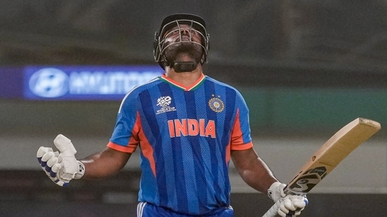 Sanju Samson celebrates his half-century vs West Indies. (PTI)