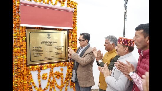 Union minister Kiren Rijiju laying foundation stone of indoor stadium in Salooni in the Dalhousie assembly constituency on Sunday. (Source: X)