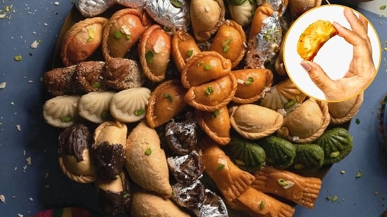 The variety of gujiyas available at Ram Asrey Sweets and Bite-size baked gujiya at Danbro by Mr Brown in Lucknow.
