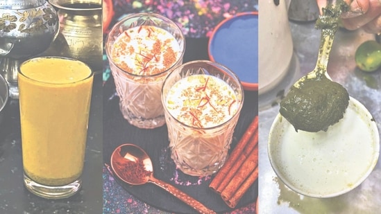 (L-R) Raja Thandai in Lucknow, nuts infused Thandai and the Bhang variant at Baba Thandai in Varanasi (Photos: Shutterstock and Rajesh Kumar/HT)