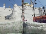 A view of Shahi Jama Masjid covered with plastic sheets as a precautionary measure before the Holi festival, in Sambhal on Monday. (ANI Video Grab)