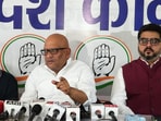 Ajay Rai (centre), Congress MP Tanuj Punia and RP Gautam. (HT) Ajay Rai (centre), Congress MP Tanuj Punia and RP Gautam. (HT)