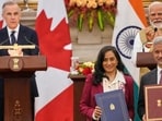 EAM S Jaishankar (bottom right) and his Canadian counterpart Anita Anand exchange MoUs in the presence of Prime Minister Narendra Modi and Canadian PM Mark Carney in New Delhi on Monday. (AP)