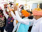 Haryana chief minister Nayab Singh Saini celebrates floral Holi in the 'Holi Milan Ceremony' with the members of the Vidhan Sabha, in Chandigarh on Monday. (ANI)