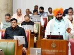 Haryana chief minister Nayab Singh Saini presenting the state budget for 2026-27 at the Vidhan Sabha in Chandigarh on Monday. (Keshav Singh/HT)