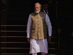 Prime Minister Narendra Modi arrives at Hyderabad House to receive his Canadian counterpart Mark Carney. (AP)