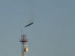 A screengrab of a video that show the US F-15 fighter jet descending in Kuwait.