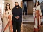 Nita Ambani wore a sophisticated beige saree with a striking red and gold border.