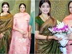Rashmika Mandanna dazzled in a rich olive-green Kanjeevaram saree with golden zari, showcasing timeless elegance. 