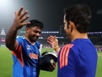Sanju Samson and Gautam Gambhir embrace after India beat West Indies Sanju Samson and Gautam Gambhir embrace after India beat West Indies