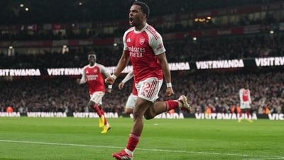 Arsenal's Jurrien Timber celebrates after scoring against Chelsea. (AP) Arsenal's Jurrien Timber celebrates after scoring against Chelsea. (AP)