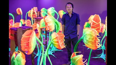 Artist Dhiraj Rabha with his work, The Quiet Weight of Shadows at the Kochi-Muziris Biennale 2026, at Coir Godown, Aspinwall House, Fort Kochi. (Courtesy Kochi Biennale Foundation) Artist Dhiraj Rabha with his work, The Quiet Weight of Shadows at the Kochi-Muziris Biennale 2026, at Coir Godown, Aspinwall House, Fort Kochi. (Courtesy Kochi Biennale Foundation)
