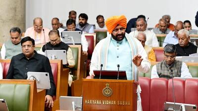 Haryana chief minister Nayab Singh Saini presenting the state budget for 2026-27 at the Vidhan Sabha in Chandigarh on Monday. (Keshav Singh/HT) Haryana chief minister Nayab Singh Saini presenting the state budget for 2026-27 at the Vidhan Sabha in Chandigarh on Monday. (Keshav Singh/HT)