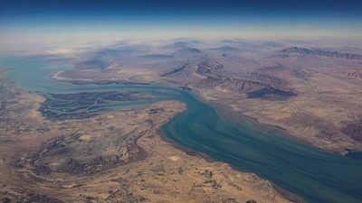 An aerial view of the Iranian shores and the island of Qeshm in the Strait of Hormuz. (Reuters)