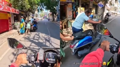 A Bengaluru biker assisted a family by refuelling their scooter with petrol. (Instagram/leki_goswami01) A Bengaluru biker assisted a family by refuelling their scooter with petrol. (Instagram/leki_goswami01)