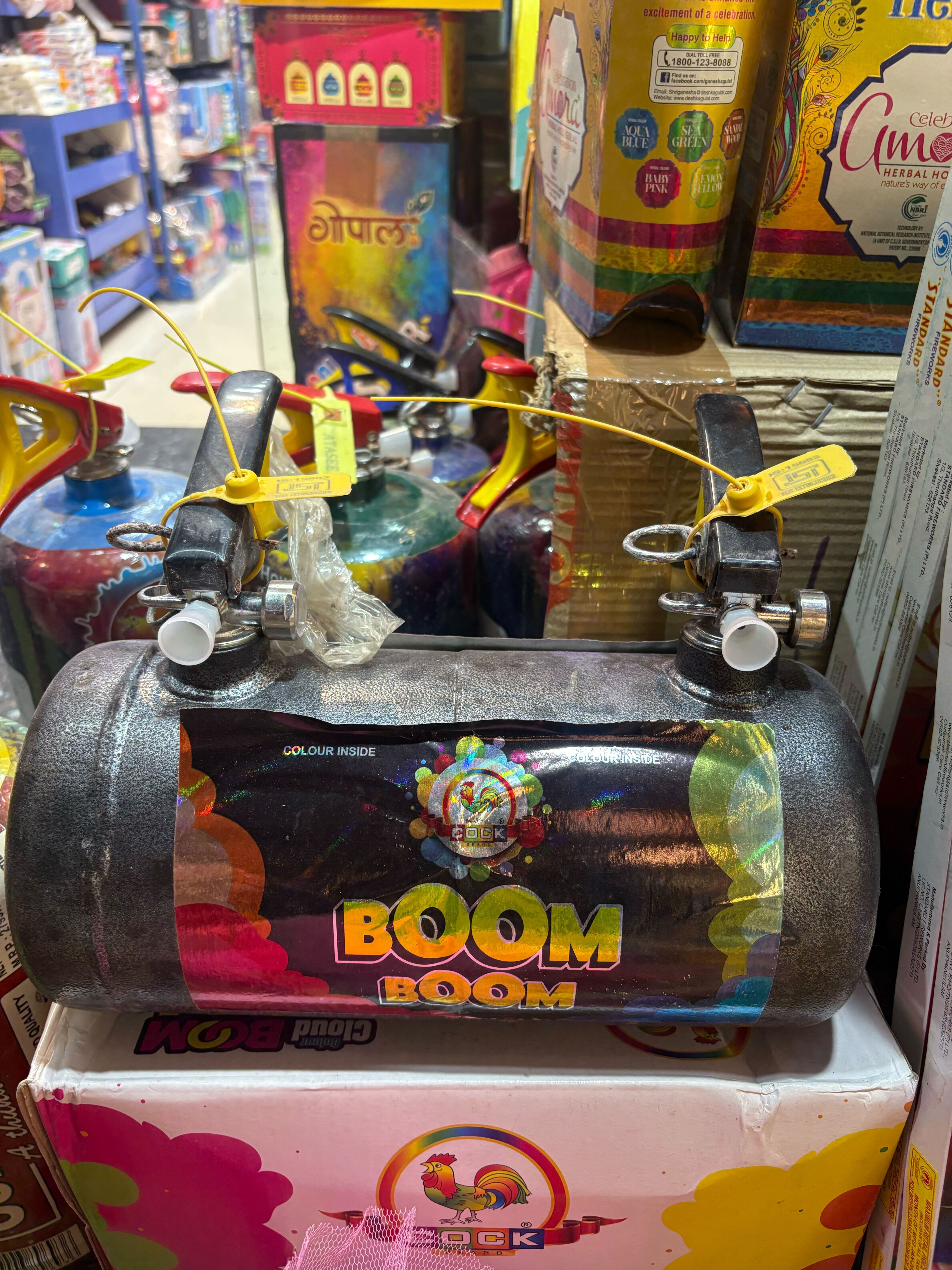 Burst of colour: Don’t just throw gulal, spray it. The Boom Boom Holi colour cylinder creates a dramatic dual-outlet colour blast. Price: ₹7,000 Burst of colour: Don’t just throw gulal, spray it. The Boom Boom Holi colour cylinder creates a dramatic dual-outlet colour blast. Price: ₹7,000