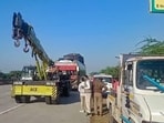 A damaged double-decker bus after it rammed into a van early morning, in Hathras on Tuesday. (ANI Video Grab)