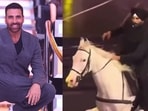 Akshay Kumar rides a horse effortlessly at an award show.