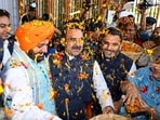 Haryana chief minister Nayab Singh Saini celebrates floral Holi in the 'Holi Milan Ceremony' with the members of the Vidhan Sabha, in Chandigarh on Monday. (@NayabSainiBJP X)