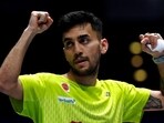 India's Lakshya Sen celebrates winning his men's singles match against China's Shi Yuqi. (AP) India's Lakshya Sen celebrates winning his men's singles match against China's Shi Yuqi. (AP)