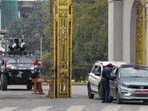 Kathmandu: Vehicles enter the Singha Durbar complex amid tight security arrangements ahead of the general elections scheduled for March 5, in Kathmandu on Tuesday. (PTI)