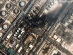 This satellite image provided by Vantor shows damage after a drone attack at Ras Tanura oil refinery in Saudi Arabia on Monday, 2 March 2026.
