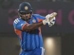 Sanju Samson plays a shot during the ICC Men's T20 World Cup 2026 match against West Indies. 